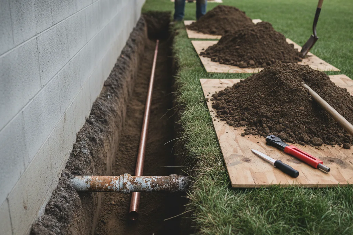 Excavated water line trench during Water Softener Installation in Bronte